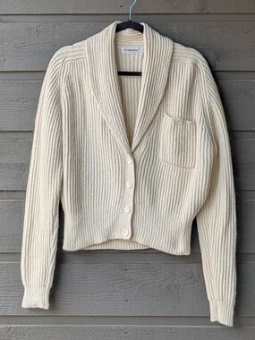 VTG 80s Liz Claiborne Collection Cream Ribbed Button-Front Cardigan Silk Angora